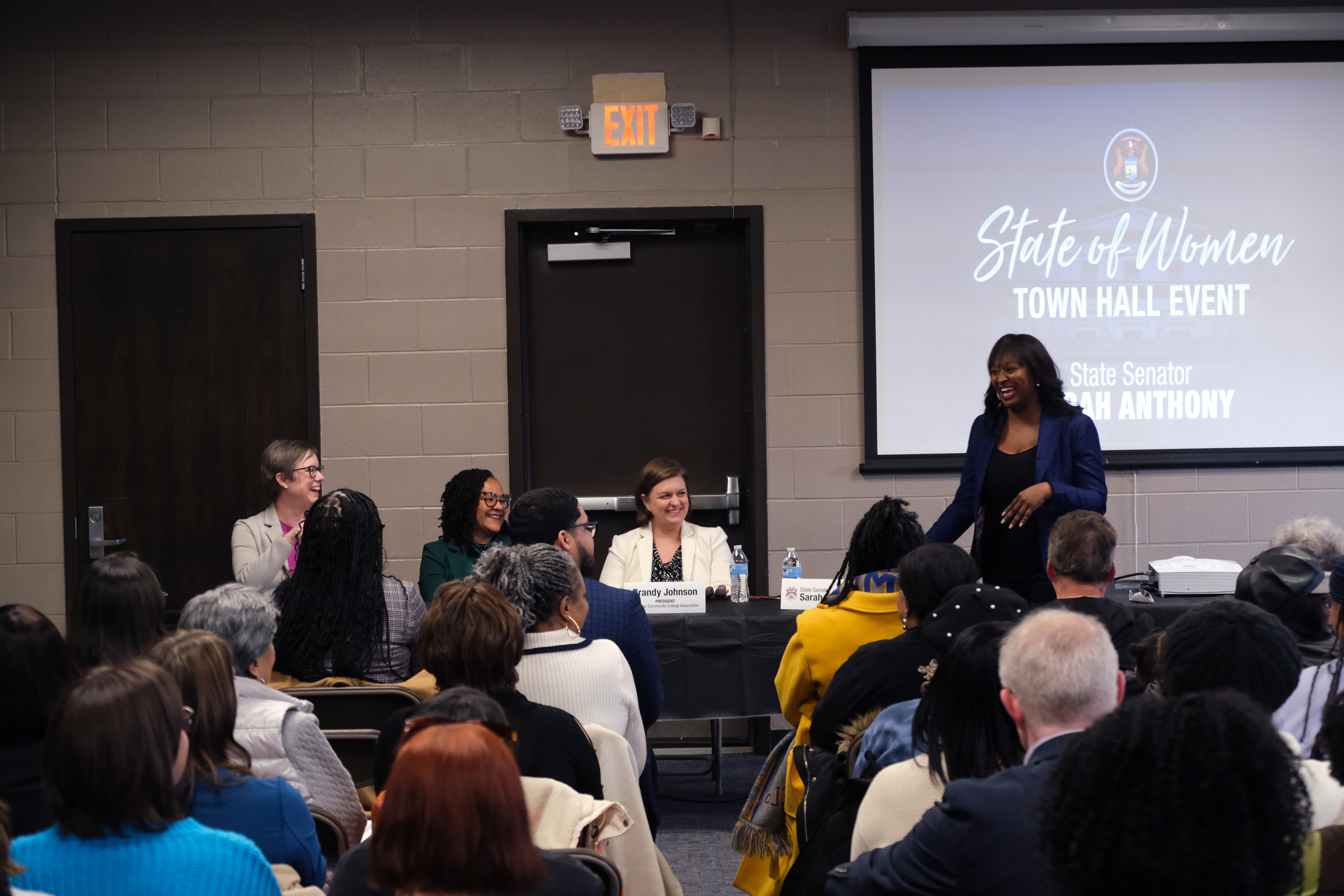 Sen. Anthony chats alongside her esteemed panelists (from left to right) Panelists Jen Nelson, COO of Michigan Economic Development Corporation, and Dr. Renee Branch Canady, CEO of the Michigan Public Health Institute, and Brandy Johnson, President of the Michigan Community College Association.