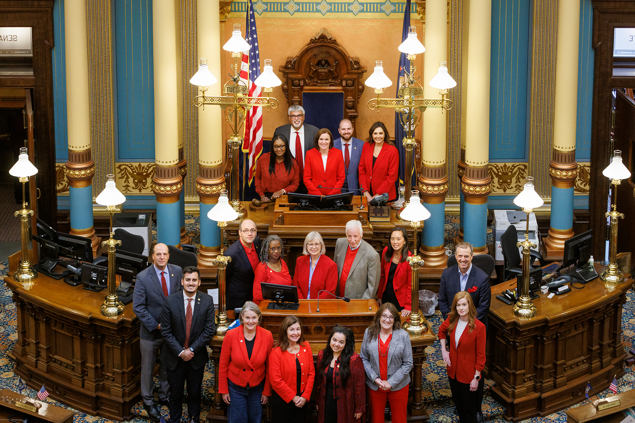 Michigan Senate Democrats wear red in solidarity with the United Automobile Workers striking in the fall of 2023 for fair pay and safe working conditions.